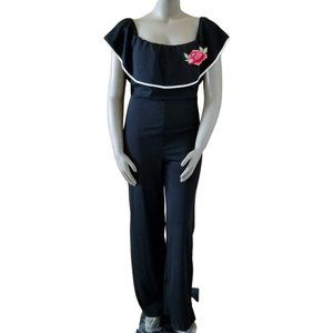 Off Shoulder Ruffled Flare Jumpsuit Womens 1X Black White Trim Rose Embroidered